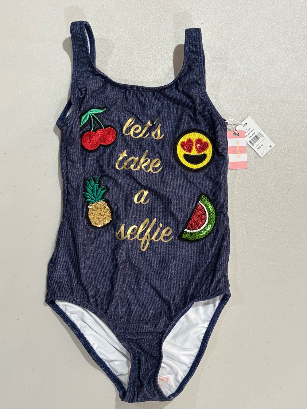 Pilyq Navy One-Piece Swimsuit with Fruit & Emoji Patches